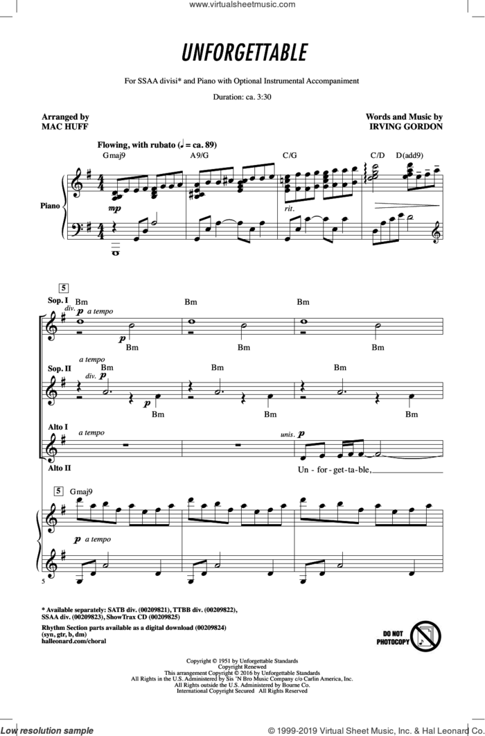 Unforgettable (arr. Mac Huff) sheet music for choir (SSA: soprano, alto) by Louis Armstrong, Mac Huff, Dinah Washington, Irving Gordon and Natalie Cole, intermediate skill level