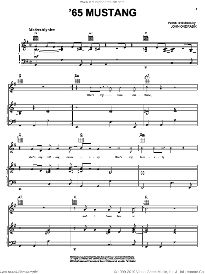 '65 Mustang sheet music for voice, piano or guitar by Five For Fighting and John Ondrasik, intermediate skill level