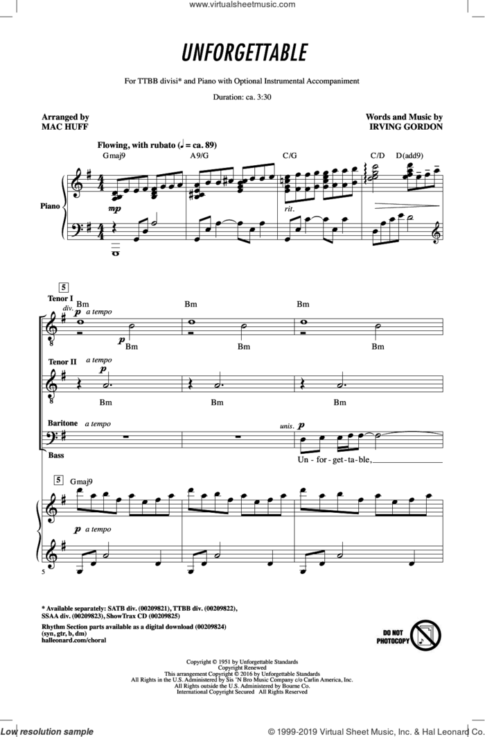 Unforgettable (arr. Mac Huff) sheet music for choir (TTBB: tenor, bass) by Louis Armstrong, Mac Huff, Dinah Washington, Irving Gordon and Natalie Cole, wedding score, intermediate skill level