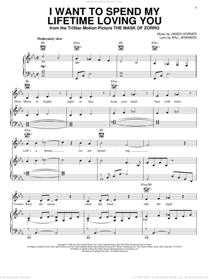 I Want To Spend My Lifetime Loving You sheet music for voice, piano or guitar by Marc Anthony and Tina Arena, James Horner and Will Jennings, wedding score, intermediate skill level