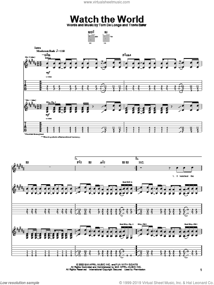 Watch The World sheet music for guitar (tablature) by Box Car Racer, Tom DeLonge and Travis Barker, intermediate skill level