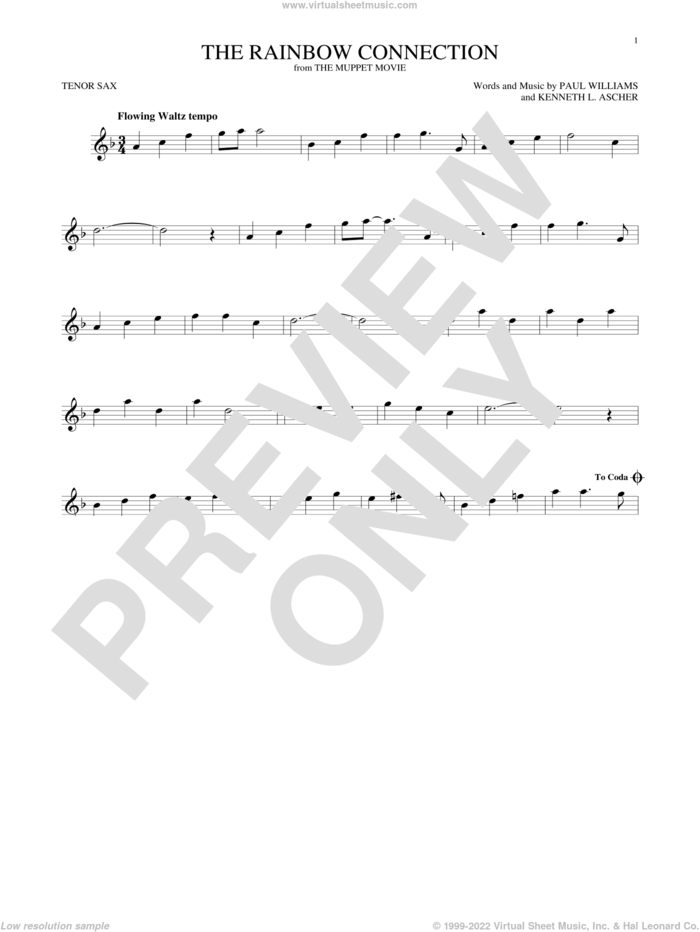 The Rainbow Connection sheet music for tenor saxophone solo by Paul Williams and Kenneth L. Ascher, intermediate skill level