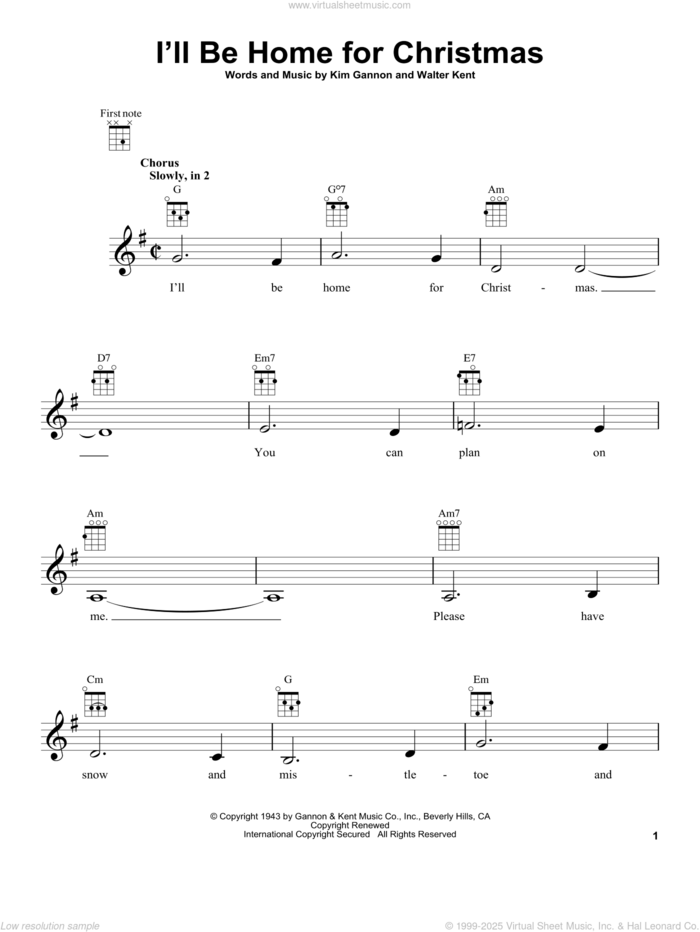 I'll Be Home For Christmas sheet music for ukulele by Bing Crosby, Brian McKnight, Joe Nichols, Sara Evans, Kim Gannon and Walter Kent, intermediate skill level