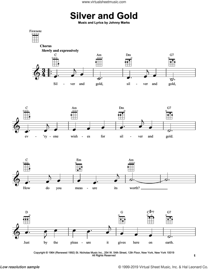 Silver And Gold sheet music for ukulele by Johnny Marks, intermediate skill level