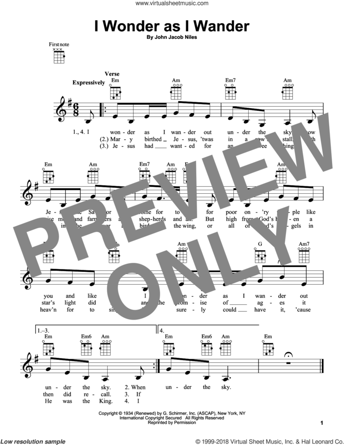 I Wonder As I Wander sheet music for ukulele by John Jacob Niles, intermediate skill level