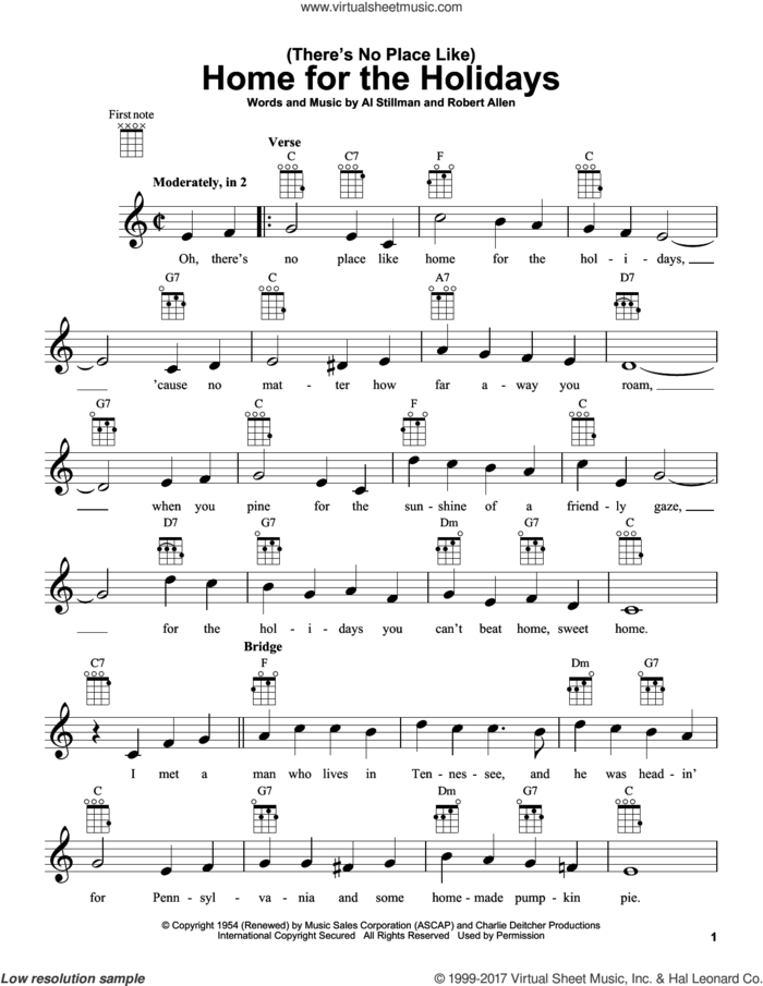 (There's No Place Like) Home For The Holidays sheet music for ukulele by Al Stillman, Perry Como and Robert Allen, intermediate skill level