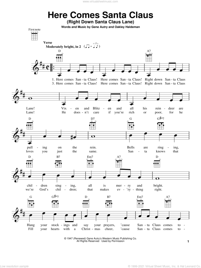Here Comes Santa Claus (Right Down Santa Claus Lane) sheet music for ukulele by Gene Autry, Carpenters and Oakley Haldeman, intermediate skill level