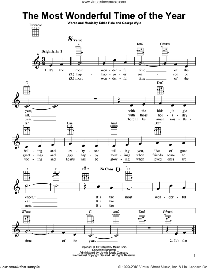 The Most Wonderful Time Of The Year (arr. Fred Sokolow) sheet music for ukulele by Eddie Pola and George Wyle, intermediate skill level