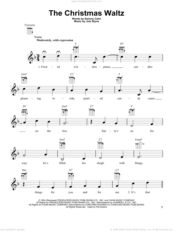 The Christmas Waltz sheet music for ukulele by Sammy Cahn and Jule Styne, intermediate skill level