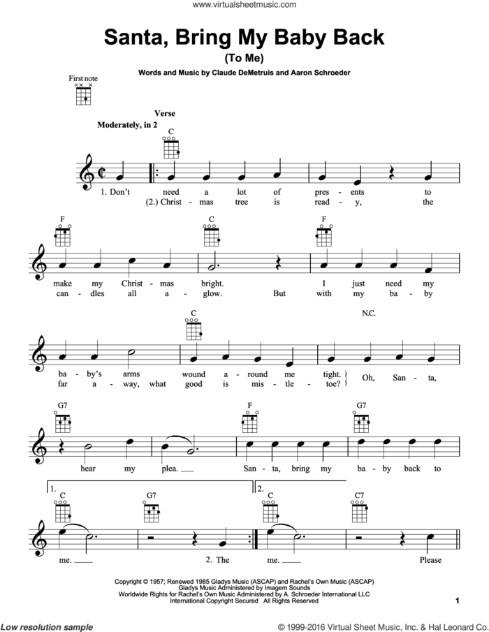 Santa, Bring My Baby Back (To Me) sheet music for ukulele by Aaron Schroeder, Elvis Presley and Claude DeMetruis, intermediate skill level