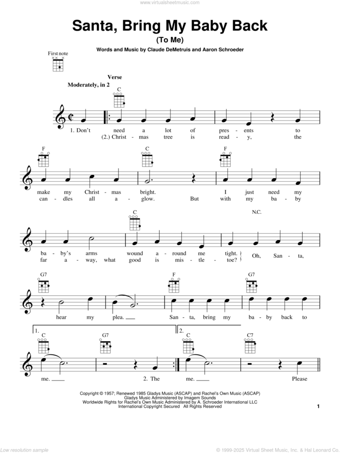 Santa, Bring My Baby Back (To Me) sheet music for ukulele by Aaron Schroeder, Elvis Presley and Claude DeMetruis, intermediate skill level