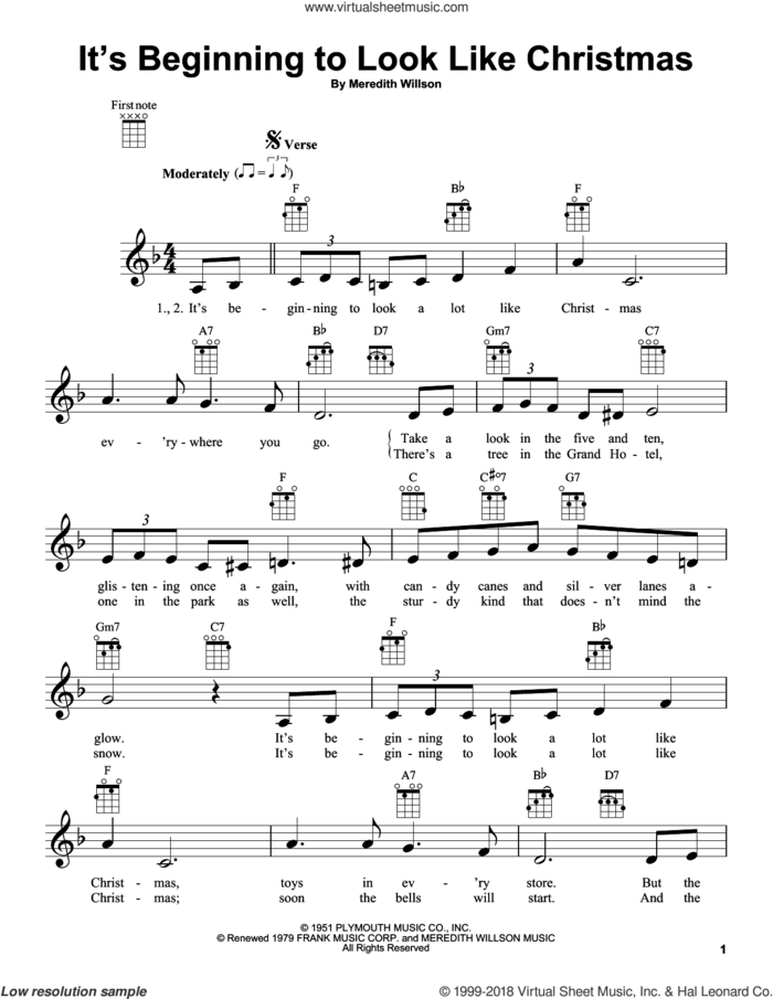 It's Beginning To Look Like Christmas (arr. Fred Sokolow) sheet music for ukulele by Meredith Willson, intermediate skill level