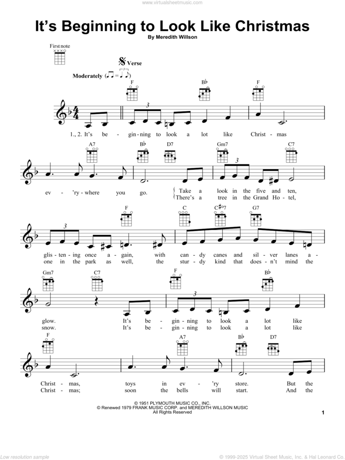 It's Beginning To Look Like Christmas (arr. Fred Sokolow) sheet music for ukulele by Meredith Willson, intermediate skill level