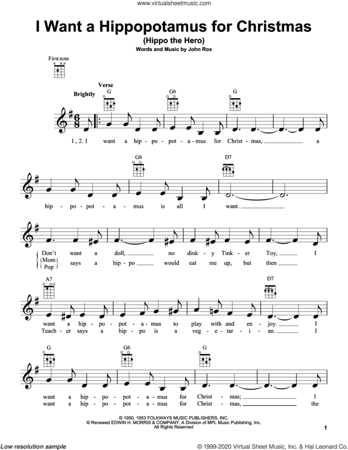I Want A Hippopotamus For Christmas (Hippo The Hero) sheet music for ukulele by John Rox, intermediate skill level