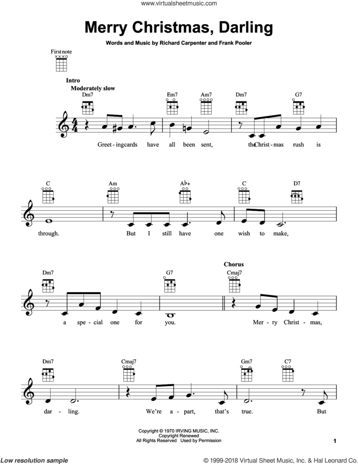 Merry Christmas, Darling sheet music for ukulele by Richard Carpenter, Carpenters and Frank Pooler, intermediate skill level