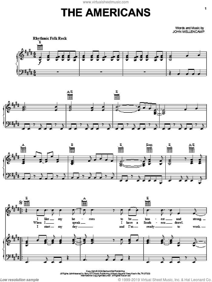 The Americans sheet music for voice, piano or guitar by John Mellencamp, intermediate skill level
