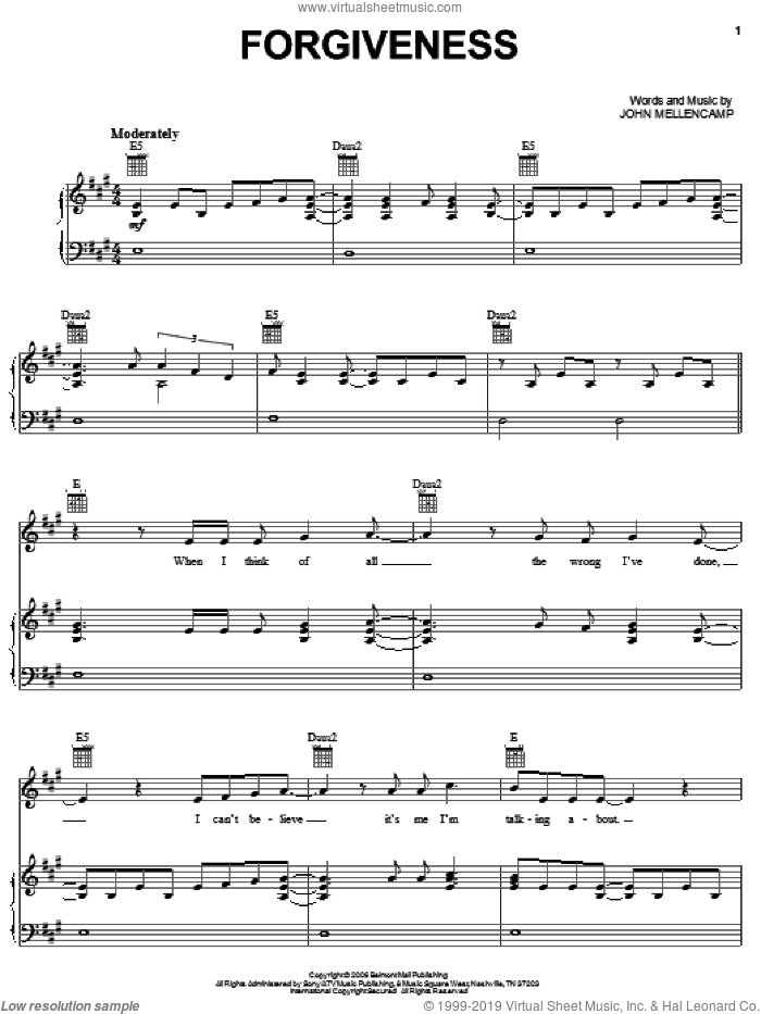 Forgiveness sheet music for voice, piano or guitar by John Mellencamp, intermediate skill level