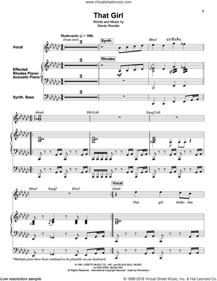 That Girl sheet music for keyboard or piano by Stevie Wonder, intermediate skill level