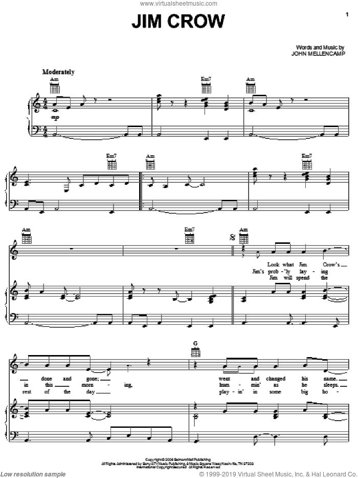 Jim Crow sheet music for voice, piano or guitar by John Mellencamp, intermediate skill level