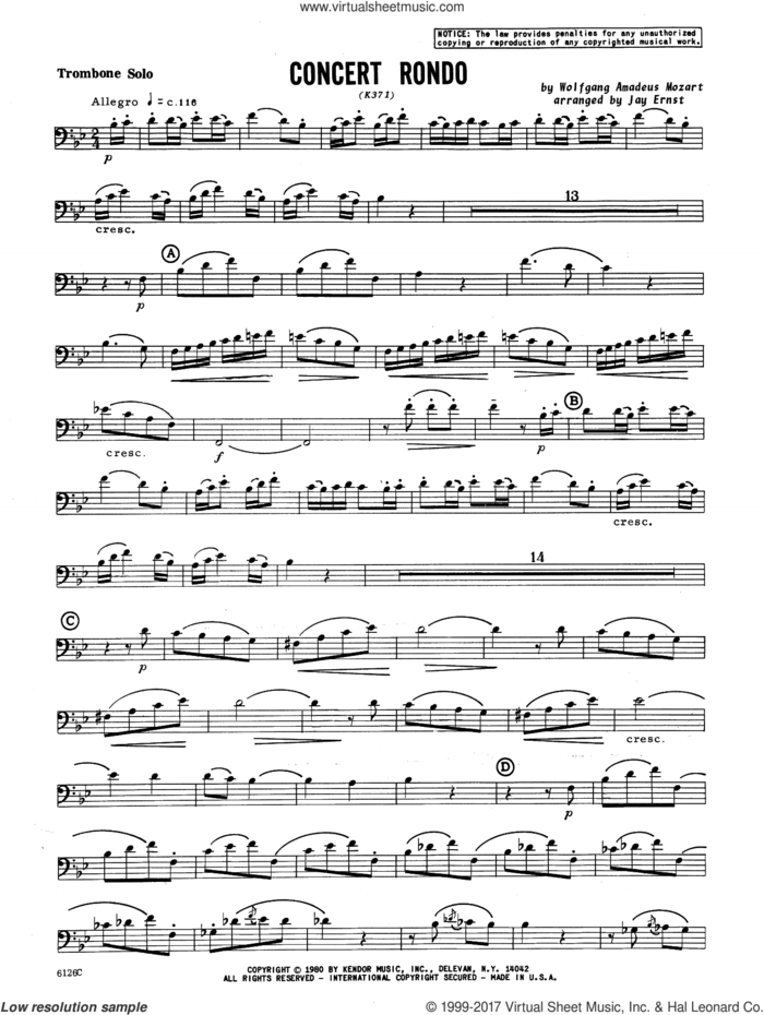 Concert Rondo (K371) (complete set of parts) sheet music for trombone and piano by Wolfgang Amadeus Mozart and Ernst, Heinrich Wilhelm, classical score, intermediate skill level