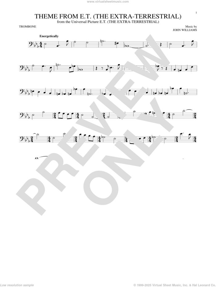 Theme From E.T. (The Extra-Terrestrial) sheet music for trombone solo by John Williams, intermediate skill level