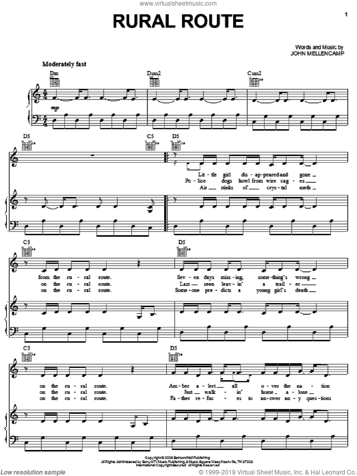 Rural Route sheet music for voice, piano or guitar by John Mellencamp, intermediate skill level