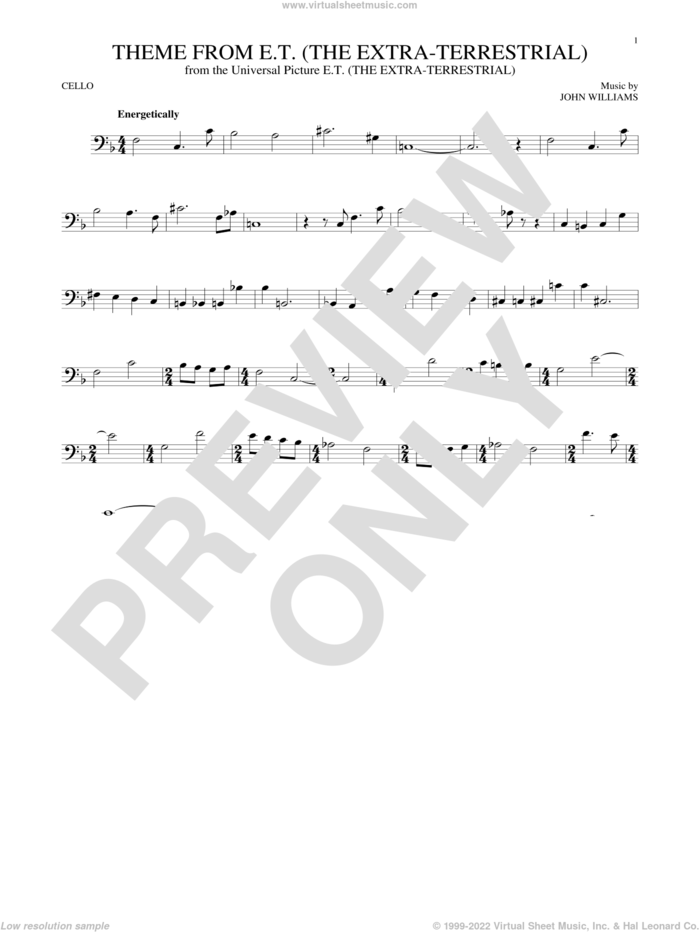 Theme From E.T. (The Extra-Terrestrial) sheet music for cello solo by John Williams, intermediate skill level