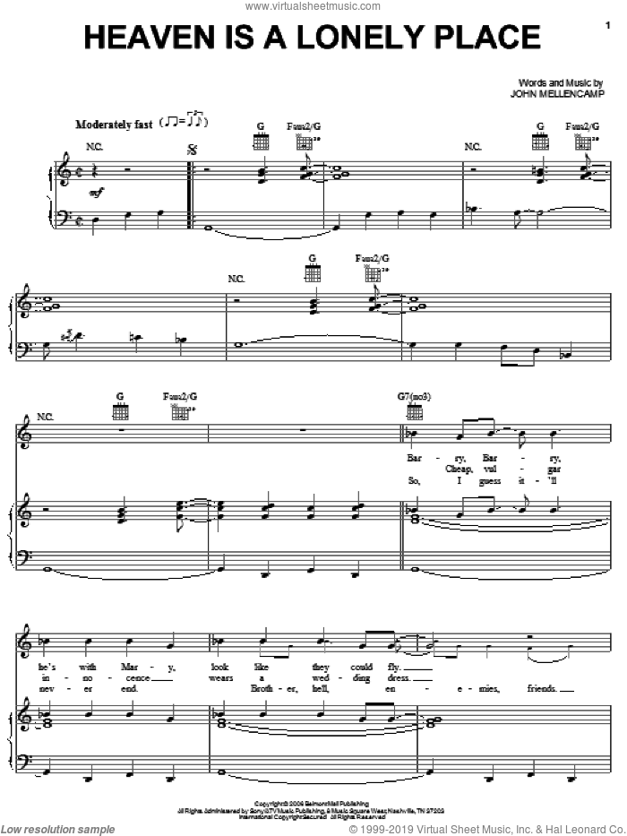 Heaven Is A Lonely Place sheet music for voice, piano or guitar by John Mellencamp, intermediate skill level