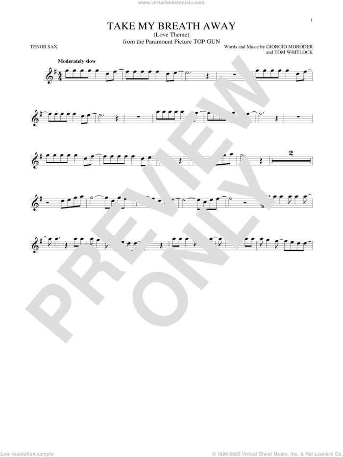 Take My Breath Away (Love Theme) sheet music for tenor saxophone solo by Giorgio Moroder, Irving Berlin, Jessica Simpson and Tom Whitlock, intermediate skill level