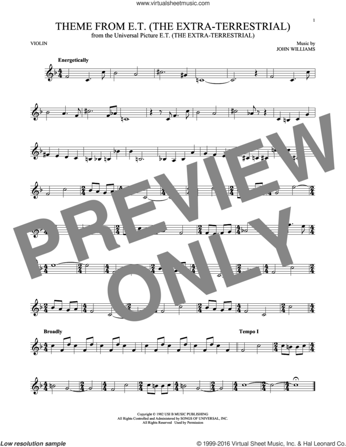 Theme From E.T. (The Extra-Terrestrial) sheet music for violin solo by John Williams, intermediate skill level