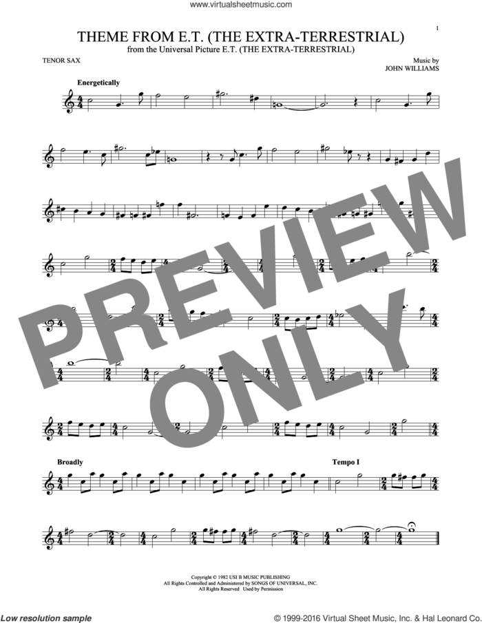 Theme From E.T. (The Extra-Terrestrial) sheet music for tenor saxophone solo by John Williams, intermediate skill level