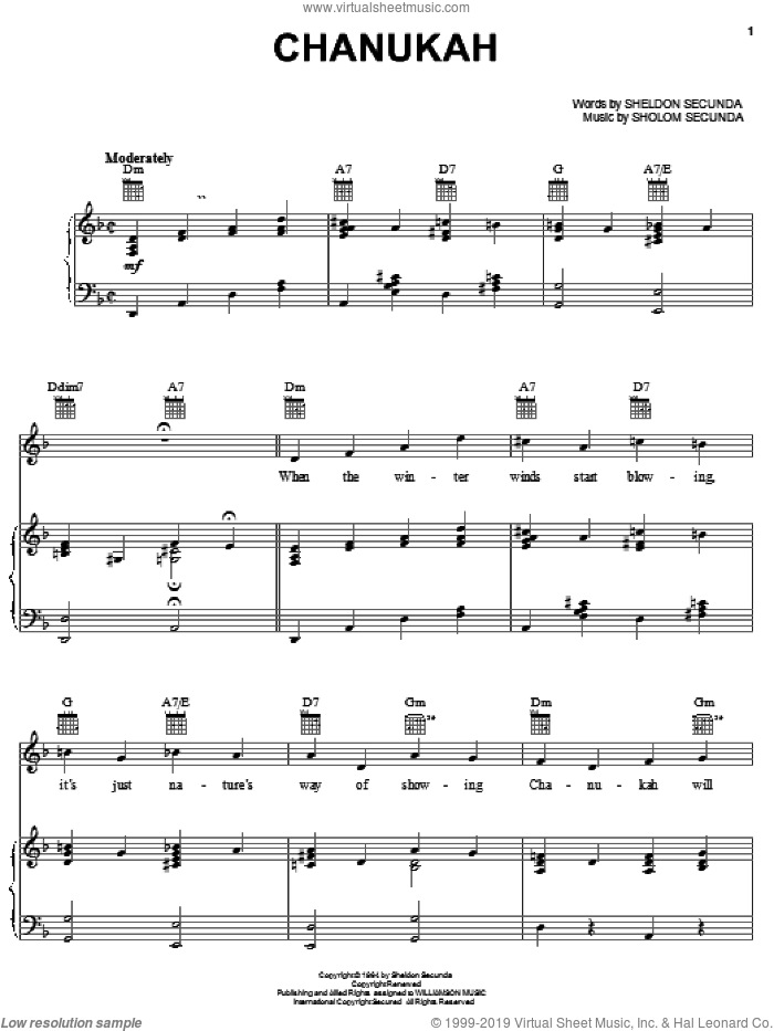 Chanukah sheet music for voice, piano or guitar by Sheldon Secunda and Sholom Secunda, intermediate skill level