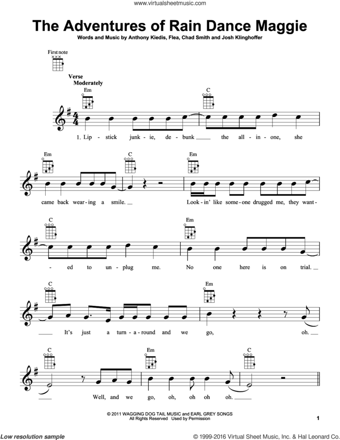 The Adventures Of Rain Dance Maggie sheet music for ukulele by Red Hot Chili Peppers, Anthony Kiedis, Chad Smith, Flea and Josh Klinghoffer, intermediate skill level