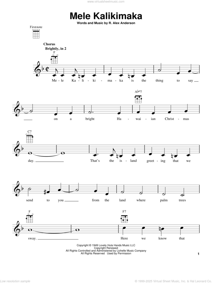 Mele Kalikimaka sheet music for ukulele by R. Alex Anderson and Jake Owen, intermediate skill level