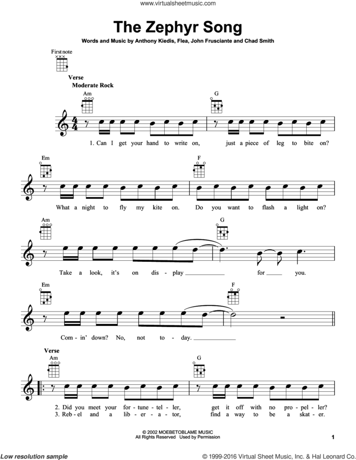 The Zephyr Song sheet music for ukulele by Red Hot Chili Peppers, Anthony Kiedis, Chad Smith, Flea and John Frusciante, intermediate skill level