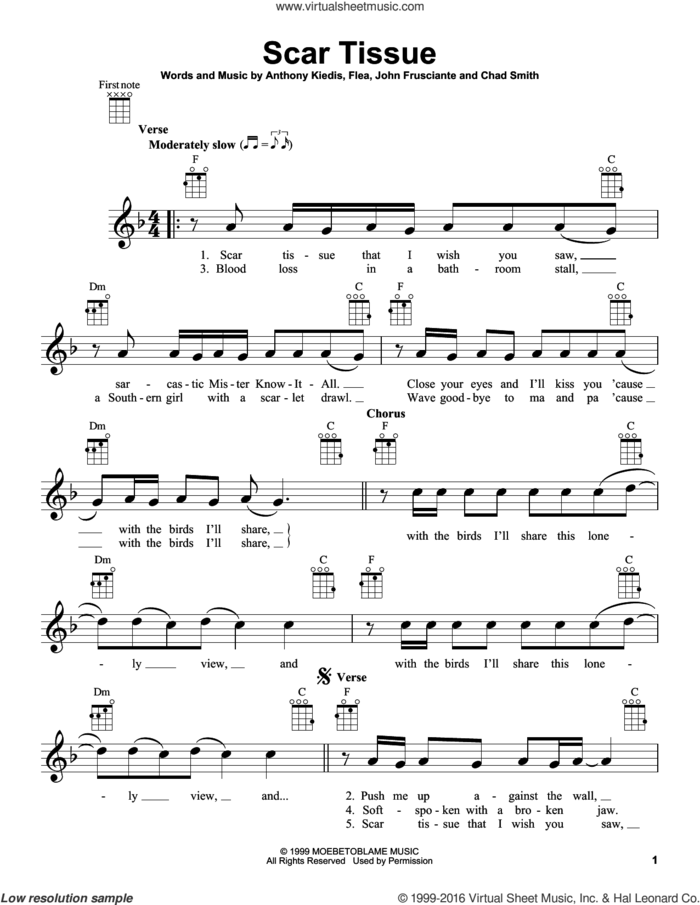 Scar Tissue sheet music for ukulele by Red Hot Chili Peppers, Anthony Kiedis, Chad Smith, Flea and John Frusciante, intermediate skill level