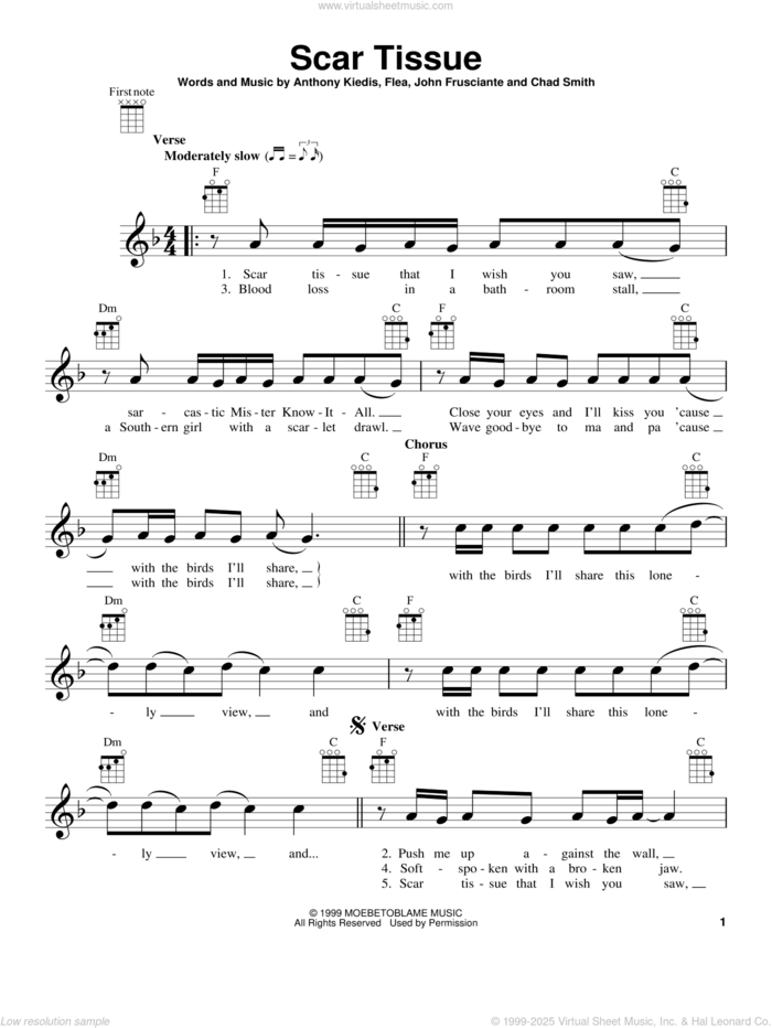 Scar Tissue sheet music for ukulele by Red Hot Chili Peppers, Anthony Kiedis, Chad Smith, Flea and John Frusciante, intermediate skill level