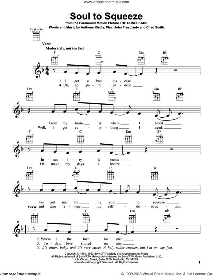 Soul To Squeeze sheet music for ukulele by Red Hot Chili Peppers, Anthony Kiedis, Chad Smith, Flea and John Frusciante, intermediate skill level