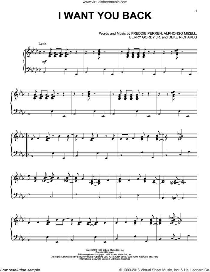I Want You Back [Jazz version] sheet music for piano solo by The Jackson 5, Alphonso Mizell, Berry Gordy Jr., Deke Richards and Frederick Perren, intermediate skill level
