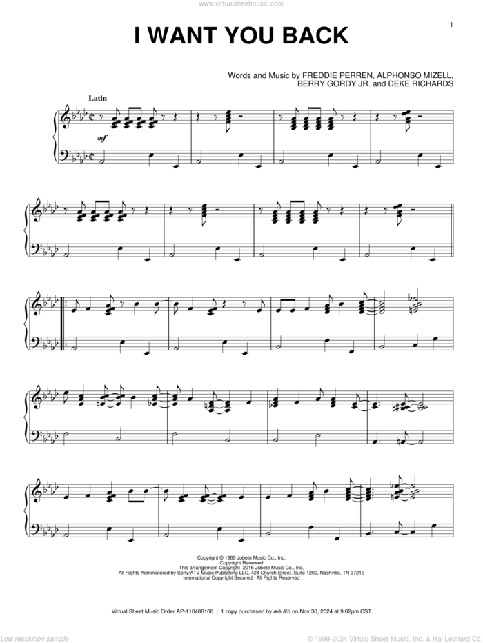 I Want You Back [Jazz version] sheet music for piano solo by The Jackson 5, Alphonso Mizell, Berry Gordy Jr., Deke Richards and Frederick Perren, intermediate skill level