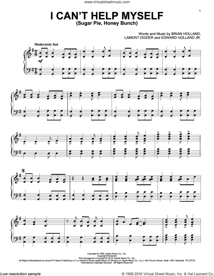 I Can't Help Myself (Sugar Pie, Honey Bunch) [Jazz version] sheet music for piano solo by The Four Tops, Brian Holland, Edward Holland Jr. and Lamont Dozier, intermediate skill level
