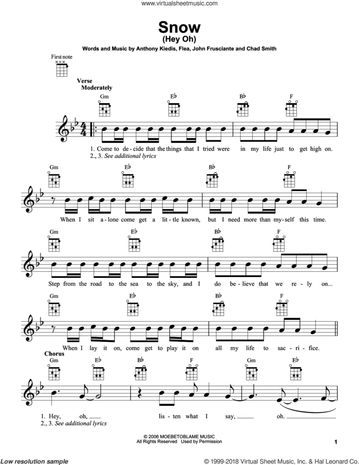 Snow (Hey Oh) sheet music for ukulele by Red Hot Chili Peppers, Anthony Kiedis, Chad Smith, Flea and John Frusciante, intermediate skill level