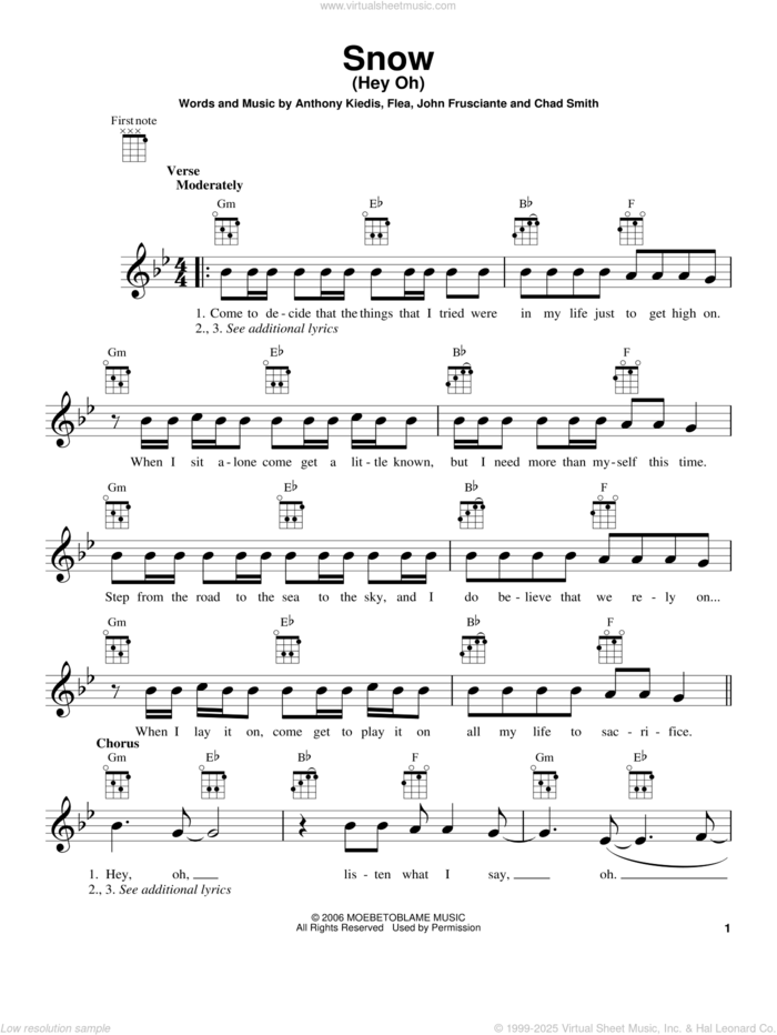 Snow (Hey Oh) sheet music for ukulele by Red Hot Chili Peppers, Anthony Kiedis, Chad Smith, Flea and John Frusciante, intermediate skill level