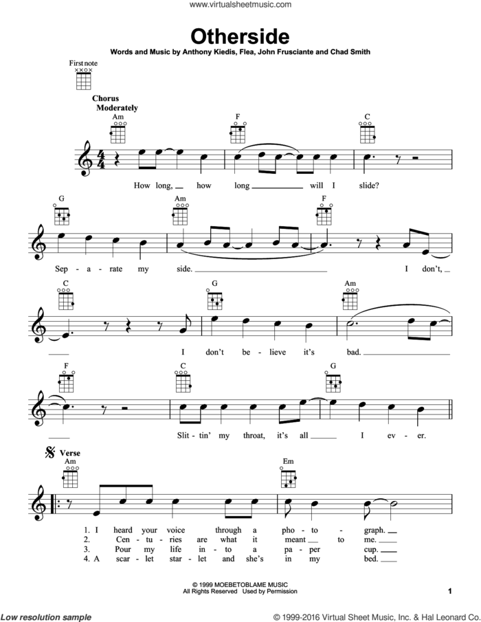 Otherside sheet music for ukulele by Red Hot Chili Peppers, Anthony Kiedis, Chad Smith, Flea and John Frusciante, intermediate skill level