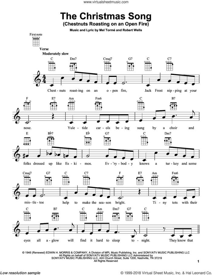 The Christmas Song (Chestnuts Roasting On An Open Fire) sheet music for ukulele by Mel Torme, Mel Torme and Robert Wells, intermediate skill level