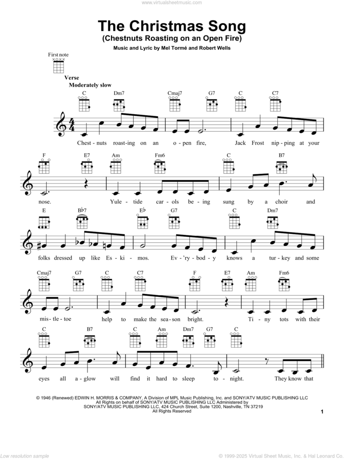 The Christmas Song (Chestnuts Roasting On An Open Fire) sheet music for ukulele by Mel Torme, Mel Torme and Robert Wells, intermediate skill level