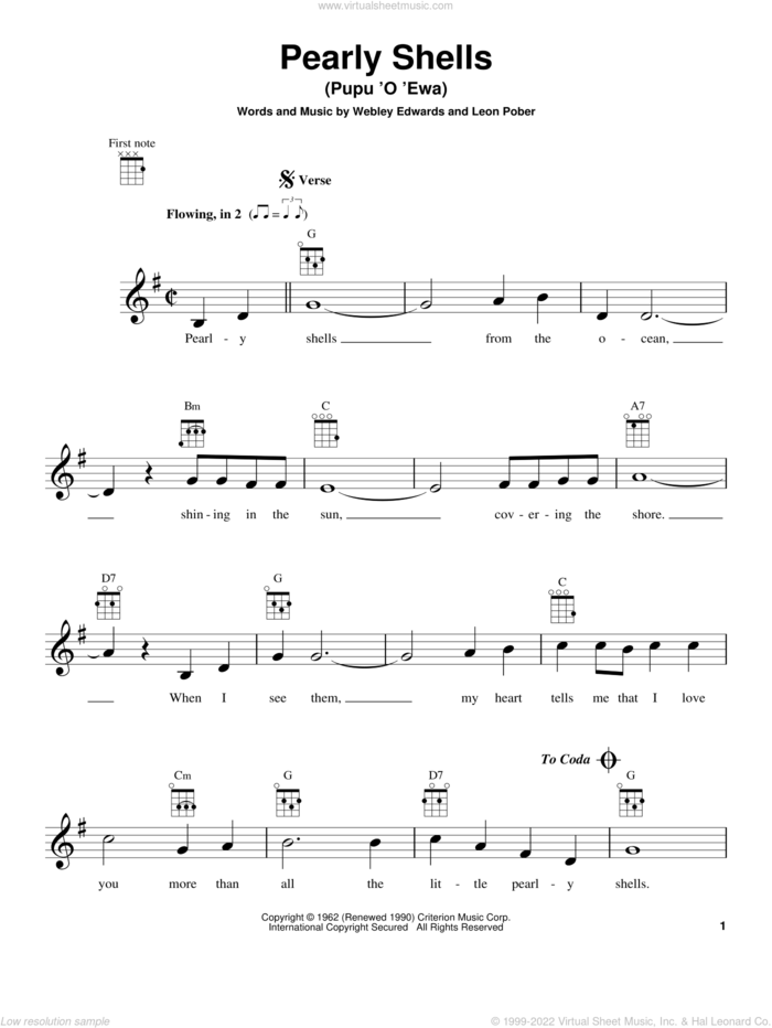 Pearly Shells (Pupu O Ewa) sheet music for ukulele by Don Ho, Leon Pober and Webley Edwards, intermediate skill level