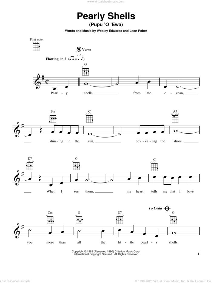 Pearly Shells (Pupu O Ewa) sheet music for ukulele by Don Ho, Leon Pober and Webley Edwards, intermediate skill level