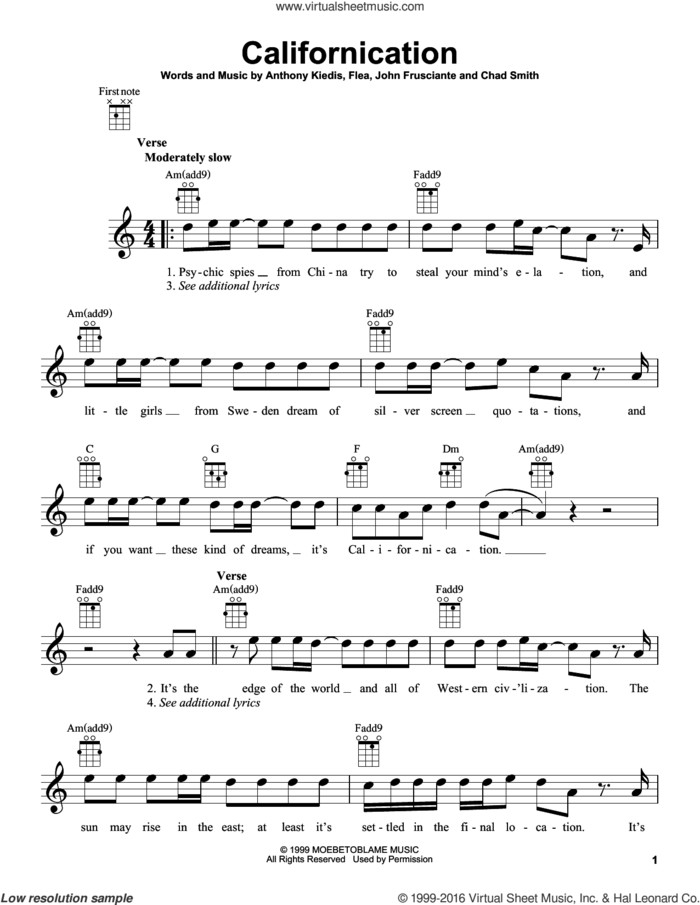 Californication sheet music for ukulele by Red Hot Chili Peppers, Anthony Kiedis, Chad Smith, Flea and John Frusciante, intermediate skill level