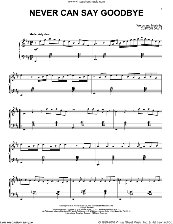 Never Can Say Goodbye [Jazz version] sheet music for piano solo by The Jackson 5, Clifton Davis and Gloria Gaynor, intermediate skill level